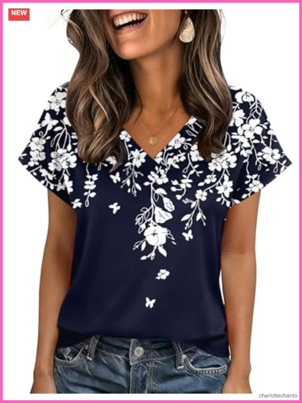 Women's Summer Rolled Short Sleeve V-Neck Floral Tee